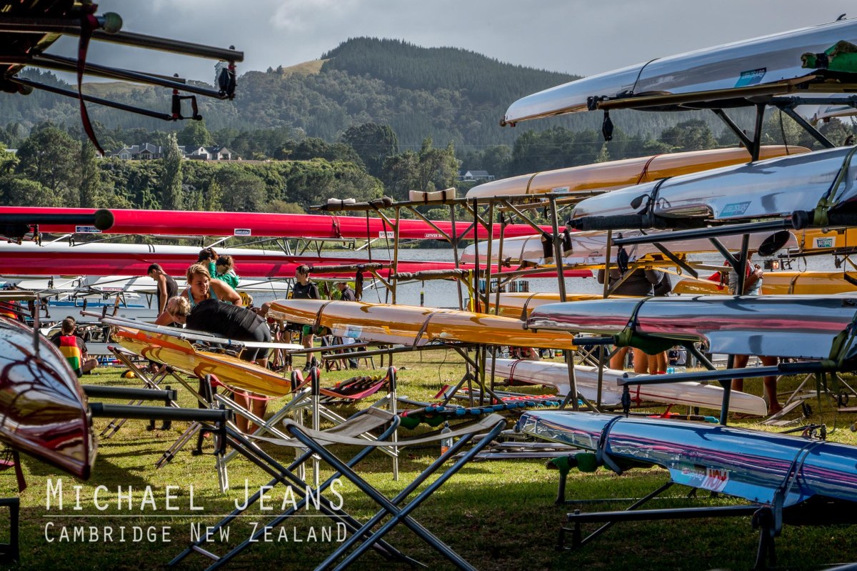 Rowing skiffs boat park Lake Karapiro Domain Waikato New Zealand